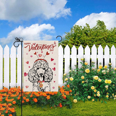 Valentines Day Garden Flag Valentine Poodle Dog Flags for Outside Love Heart Anniversary Wedding Party Home Burlap Double Sided Yard Outdoor Decor...