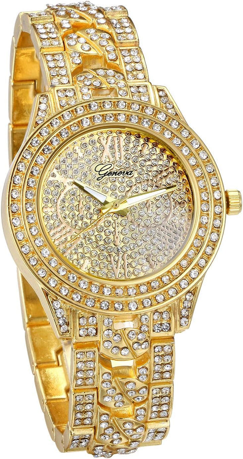 JewelryWe Men Watches Gold Tone Alloy Quartz Watch Stylish Rhinestone Business Casual Dress Wristwatches for Father's Day...