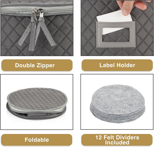 Stack Store Plus More China Storage Quilted Case for Dessert Plate, Bowls, Small Plate or Saucer - 8" W x 6" H - Gray - Includes 12 Felt Separator...