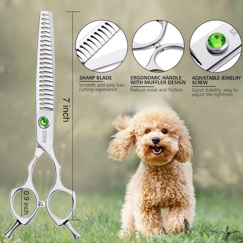 Dog Grooming Scissors 7.4" Thining Chunkers Shears Professional 440C Stainless Steel Pet Grooming Scissors with Offset Handle and Jewelled Screw, ...
