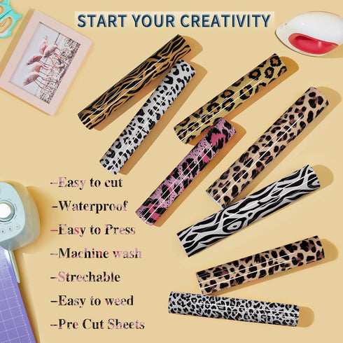 Tintnut Leopard HTV Vinyl -8 Sheets 12 x 10 inches Patterned Iron on Vinyl for T-Shirts Clothing Bags Heat Transfer Vinyl for All Cutting Machine...