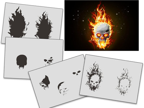 UMR-Design AS-326 Flames Skull Airbrush StencilsTemplates Step by Step Size M 5.1 x3.9 inch...