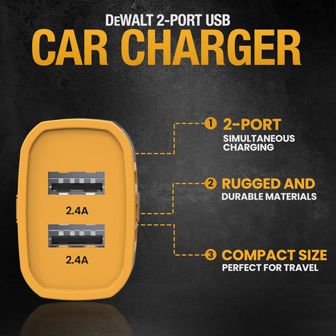 DEWALT 2-Port USB Car Charger — 24W Fast Charge Dual Port USB-A for iPhone 14 13 12 11 Pro Max X XR XS 8 Plus 6s iPad — Compatible with Samsung Ga...