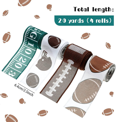 20 Yards/4 Rolls Football Wired Ribbons 2.5 Inches Wide Green Brown Wired Ribbon Sports Burlap Ribbon Rolls Ball Pattern Ribbons for DIY Wrapping ...