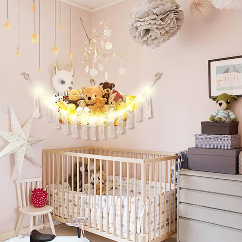 Stuffed Animal Hammock with LED Light, Toy Hammock for Stuffed Animals Storage for Kids Room Decor, Stuffed Animal Hammock Corner, White...