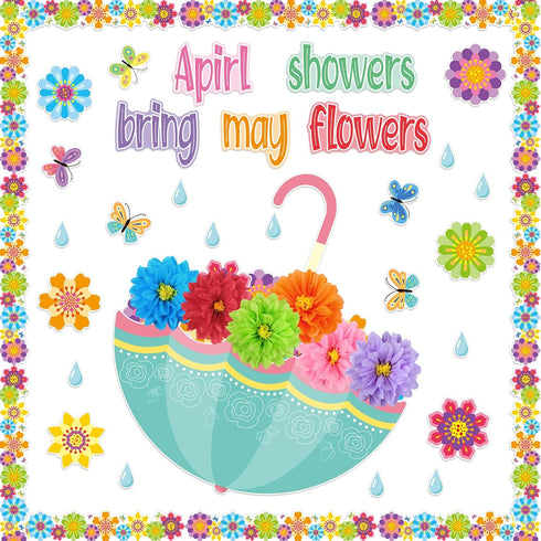 TaoBary 96 Pcs April Showers Bring May Flowers Bulletin Board Cutouts with 3D Tissue Paper Flower Spring Bulletin Board Classroom Decoration for S...