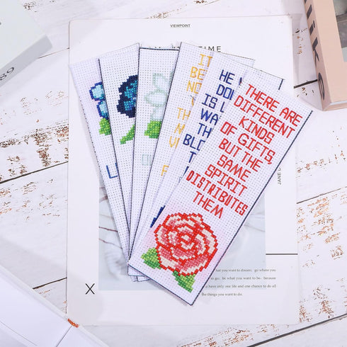 ORIGACH 6 Set Cross Stitch Bookmark Kit for Beginner Flower and Bible Verse Pattern DIY Stamped Embroidery Bookmark Kit with 19 Colors Embroidery ...