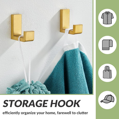 APLusee L Shape Bath Towel Hook 2 Pack, 304 Stainless Steel Coat Holder, Wall Mounted Storage Hanger for Bathroom Kitchen, Brushed Gold...