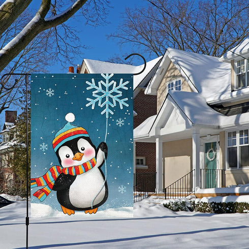 Winter Penguins Garden Flag Welcome Christmas Snowflakes Scarfs Yard Flags 12x18 Inch Double Sided Burlap Xmas Banner for Winter Holiday Christmas...