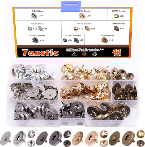 Tanstic 44 Sets 4 Color 18MM Round Magnetic Snap Sets, Strong Magnetic Button Clasps Double-Sided Magnetic Leather Snaps for Clothes, Jackets, Jea...