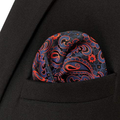 S&W SHLAX&WING Paisley Mens Tie Blue Red Matching Pocket Square Only...