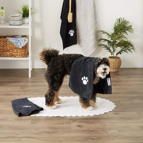 Bone Dry Pet Grooming Towel Collection Embroidered Absorbent Microfiber Drying Set, 15x30, Black, 3 Count...