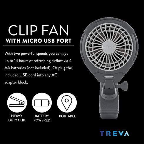 Treva 5 Inch Two Speed Battery & USB Powered Clip On Fan - Slim and Portable Cooling Travel Fan with USB - Gray...