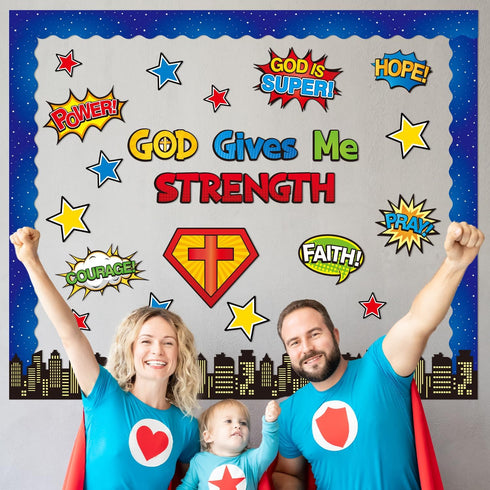Hero Christian Bulletin Board - 87Pcs Back to School Bible Verse God Gives Me Strength Classroom Decoration, Hero Theme Stars Cutouts Buildings Bo...