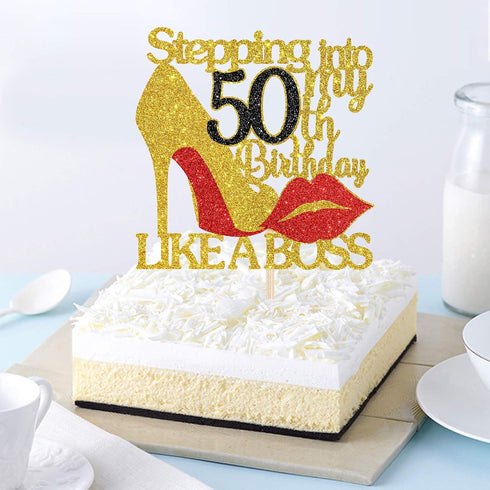 INNORU Gold Red Glitter Stepping into 50 Cake Topper - 50th Birthday Cake Decor - Like a Boss - Happy Birthday Party Cake Decorations...