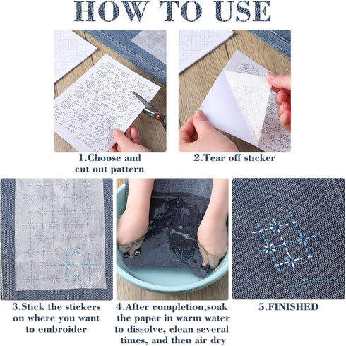 Hahafelt 12pcs Sashiko Embroidery Pattern Stabilizers Water Soluble Embroidery Transfer Patterns Stencils Stick and Stitch Embroidery Designs Sash...