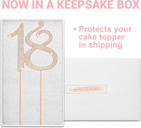 18 Cake Topper - Premium Rose Gold Metal - 18th Birthday Party Sparkly Rhinestone Decoration Makes a Great Centerpiece - Now Protected in a Box...