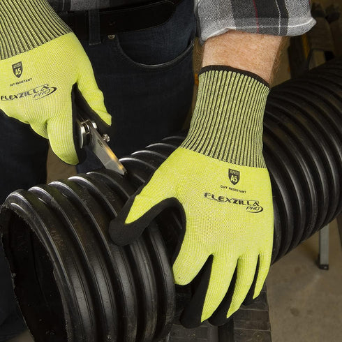 Flexzilla Pro GC160PL Cut Resistant Sandy Nitrile Dip Gloves, ANSI Level 5, Black/ZillaGreen, Large...