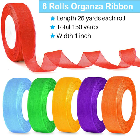 6 Rolls Organza Ribbon Sheer Chiffon Ribbon Transparent Chiffon Ribbons for Christmas Valentine's Day Gift Wedding Birthday Bouquet Garland Bow Ma...