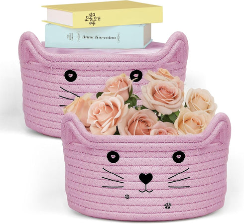 2 PCS Small Woven Basket Cat Ear Basket, Animal Cotton Rope Storage Basket with Cat Ears, Round Decorative Storage Baskets Cute Cotton Rope Cat Ba...