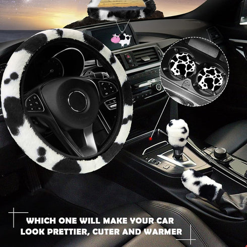 JINGSEN11 Pieces Fluffy Car Accessories Set,Fluffy Cow Print Plush Steering Wheel Covers for Women Soft Fleece Handbrake Cover Shift Cover Car Tri...