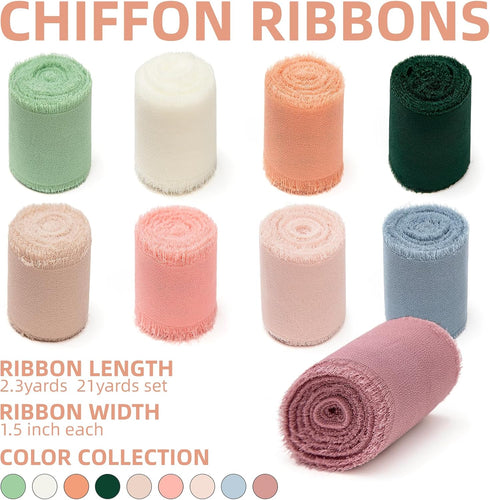 9 Rolls Multicolour Handmade Chiffon Ribbon,1.5" x 21Yd Frayed Fringe Silk Ribbons (9 Rolls *2.3Yd) for Gifts Wrapping, Wedding Invitations, Brida...