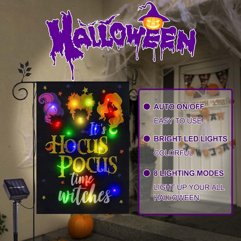 Solar Lighted Halloween Garden Flag It's Hocus Pocus Time Witches Flags for Garden Patio Lawn Outside Halloween Decorations Garden Decor (Hocus Po...