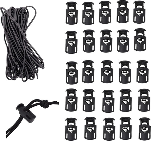Mandala Crafts Black Shock Cord & Plastic Cord Locks for Elastic Drawstring Clips - Bungee String & Spring Toggle Cord Ends Stopper Clamps for Sho...