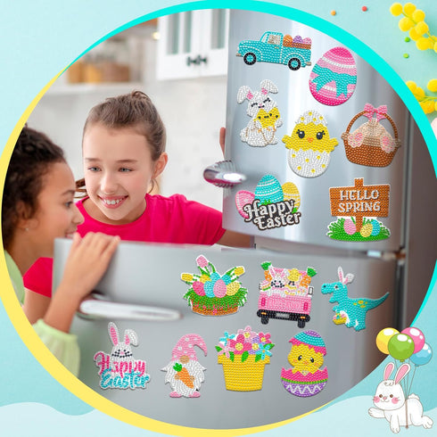 16 Pcs Easter Diamond Painting Magnets for Refrigerator Spring Diamond Art Magnets DIY Bunny Eggs Gnome Cross Flower Diamond Painting Kits Pink Ye...