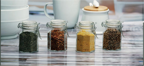 Circleware Mini Round Glass Spice Jar with Swing Top Hermetic Airtight Locking Lid, Set of 4 Kitchen Glassware Food Preserving Storage Containers ...