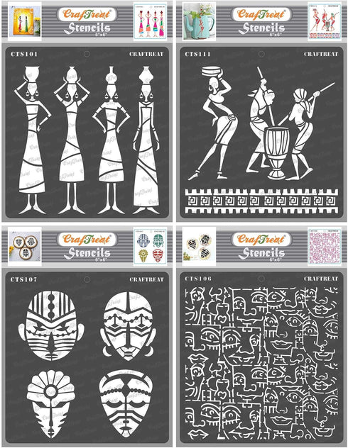 CrafTreat Tribal Stencils for Painting on Wood, Wall and Tile - Tribal Potters, Tribal Daily Chores, Congo Mask and Tribal Faces Background - 4 Pc...