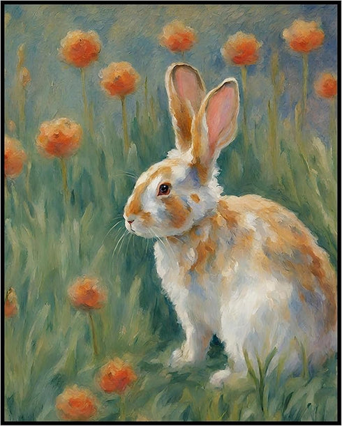 Posterizer 1 pcs- Beautiful rabbit in the middle of orange flowers-Art for Animal Lovers-Floral Botanical Art- Gift for Men Women Teens-decor for ...