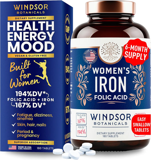 Iron Pills for Women - Iron Supplement for Women with Folic Acid - 6 Month Supply - Anemia, Period, Pregnancy Support Iron Supplements - Ferrous S...