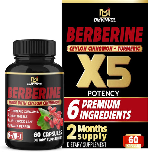 Berberine Supplement with Ceylon Cinnamon, Turmeric, Artichoke, Milk Thistle - Berberine HCl Supplement Pills - 60 Capsules...