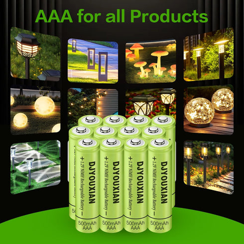 12-Pack Rechargeable AAA Batteries - 500mAh 1.2V NiMH High Capacity Batteries - Ideal for Solar Lights & Home Devices...