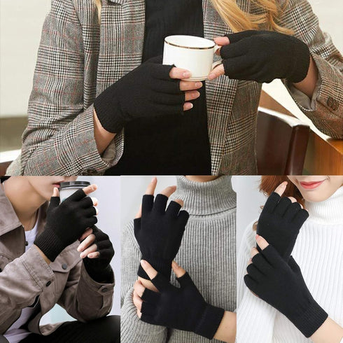 2 Pair Half Finger Gloves Winter Knit Touchscreen Warm Stretchy Mittens Fingerless Gloves in Common Size for Men and Women,black...