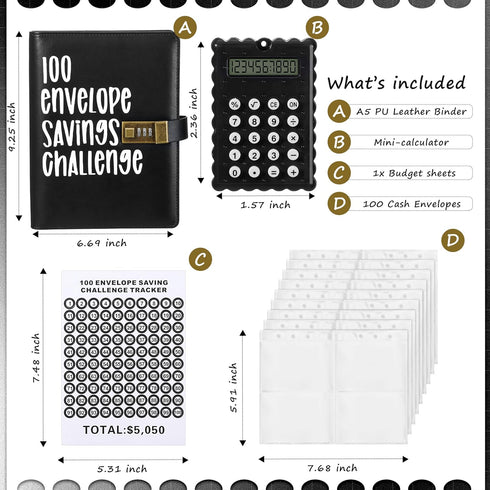 100 Envelopes Money Saving Challenge Binder Kit with Mini Calculator, A5 Budget Binder Book Organizer with Cash Envelopes for 100 Day to Save $5,0...