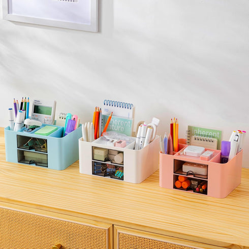 Desk Organizer with 2 Drawers, Office Supplies Organizer for Desk, Cute Desk Accessories with Plastic, Pen Holder for Desk Countop, Pink...