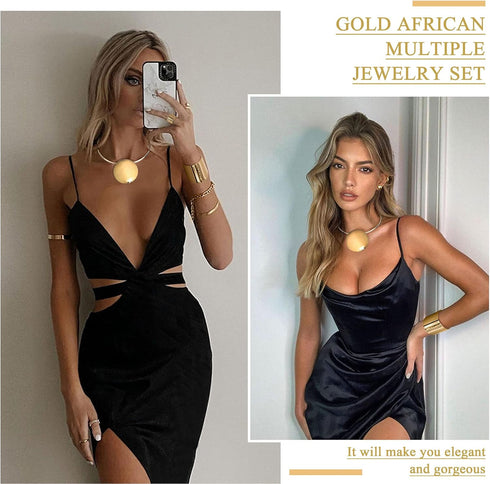 Sanfenly Statement Chunky Jewelry Set Choker Earrings Bracelet Ring Gold Silver Plated Round Pendant Necklace Nigerian Costume Party African Jewel...