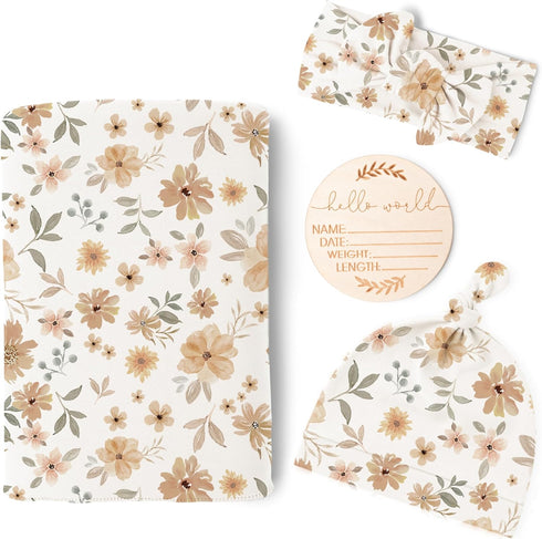 Konssy Baby Girl Newborn Receiving Blanket with Matching Headband and Beanie Set Baby Swaddle Floral Print Nursery Swaddle Wrap...