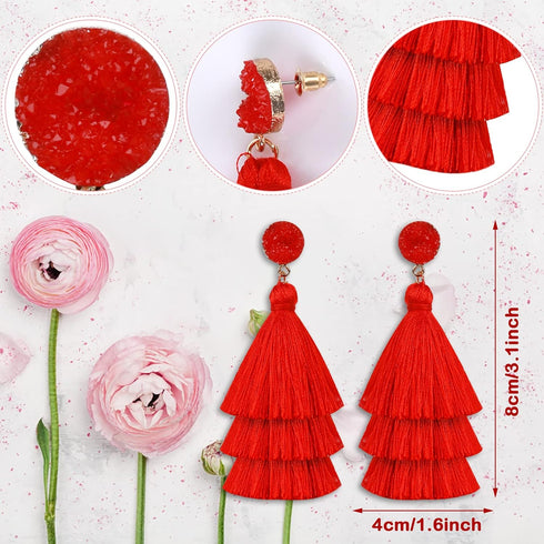 Layered Tassel Earrings for Women Bohemian Tassel Earrings Fringe Dangle Drop Earrings for Birthday Christmas Wedding Valentines Day Gift (Red)...