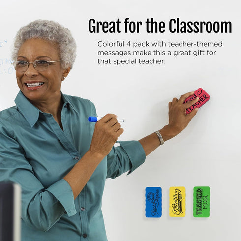 Magnetic Whiteboard Dry Eraser 4-Pack for Teachers Dry Erase Board. Cute, Colorful, Must Haves, Back to School Teacher Dry Erasers and Classroom E...