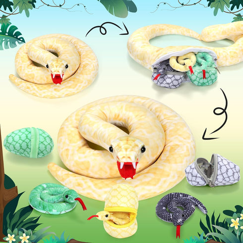 53 Inch Giant Snake Plush Mommy with 3 Babies - Mommy Snake with 3 Cute Babies & 3 Eggs Golden Python Realistic Snake Stuffed Animal Easter Gift f...