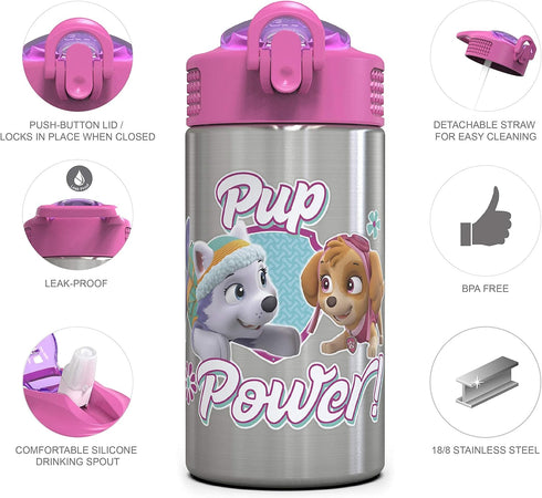 Zak Designs Paw Patrol Skye - Stainless Steel Water Bottle with One Hand Operation Action Lid and Built-in Carrying Loop, Straw Spout is Perfect f...