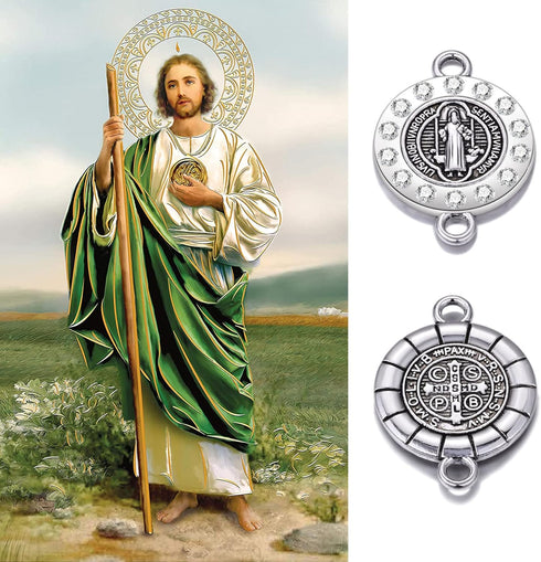 20pcs Antique Silver Rhinestone Religious Wear Saint Benedict Medallion Bracelet Connector Round Link Beads Jewelry Making Charms for DIY Necklace...
