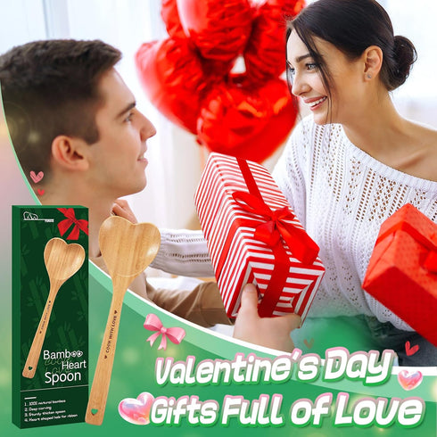Bamboo Heart Shaped Spoon for Cooking - Wooden Cook with Love Spoon Kitchen Utensils, Valentines Mother's Day Gifts for Grandma Mom Couple Wife Ho...