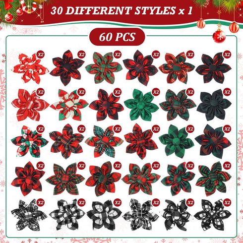 60 Pcs Plaid Dog Collar Flowers Bulk Pet Flower Collar Bow Ties Holiday Dog Accessories Charms Slide Attachment for Small Medium Large Dog Cat Pup...