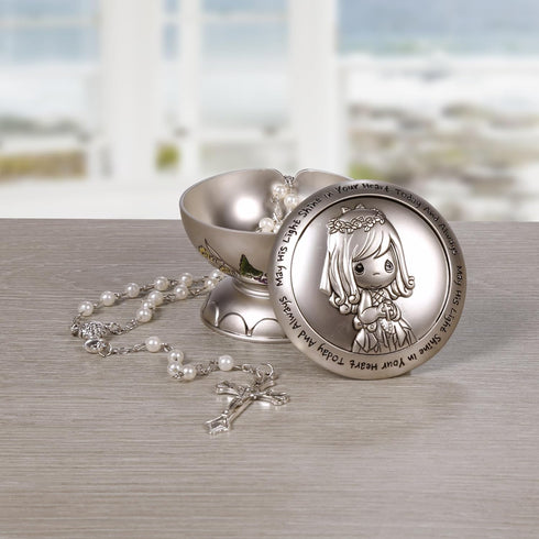 Precious Moments Rosary Communion Gift, May His Light Shine in Your Heart Today & Always Girl First Communion Rosary & Silver Zinc Alloy Rosary Bo...