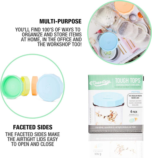 Masontops Tough Tops - Regular Mouth Mason Jar Lids BPA-Free Multi Color Plastic Reusable Dry Canning fit Ball Jars (Ball not included)...