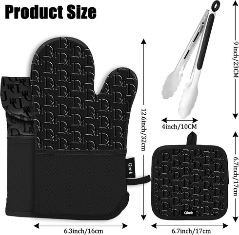 Qimh Oven Mitts and Pot Holders, 4 Pcs Kitchen Oven Mitts Set with Cooking Tongs, High Heat Resistant 500? Extra Long Non-Slip Silicone Surface Ov...